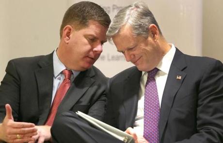 An unusual example of political teamwork between Democratic Mayor Martin J. Walsh (left) and Republican Governor Charlie Baker was a crucial factor in General Electric?s decision to move its corporate headquarters to Boston from Fairfield, Conn.
